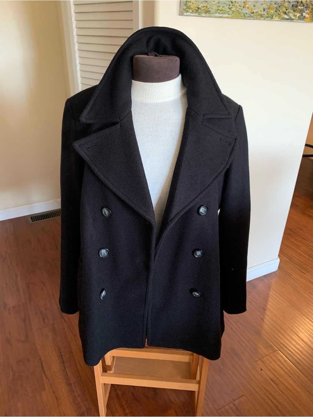 Old Navy Black Double-Breasted wool blend  Pea Coat runs big